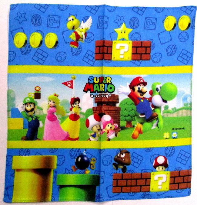 キャラクター ハンカチ スーパーマリオ ( ボーダー ブルー系 ) ( サイズ 30×30cm )( マリオ まりお ルイージ ヨッシー ピーチ キノピオ スター お出かけ コンパクト おとな 子供 キッズ ハンカチーフ )【メール便 OK】