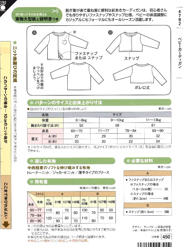 パターン （ 型紙 ) ベビーカーディガン （ 簡単 実寸大 実物大 作り方 レシピ 子供服 ベビー服 ズボン スカート シャツ トップス ) 【メール便 （ ゆうパケット ) OK】