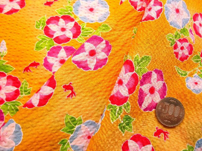 リップル生地 （ サッカー生地 ) 朝顔 （ オレンジ系 ) 生地幅－約108cm（ 綿100％ ） （ リップル 布 浴衣 ゆかた 甚平 ジンベイ じんべえ パジャマ 夏素材 ベビー オレンジ イエロー色 あさがお 花柄 フラワー )