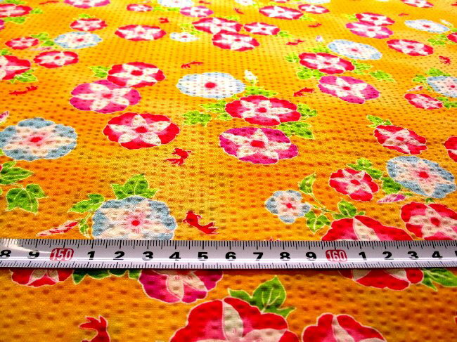 リップル生地 （ サッカー生地 ) 朝顔 （ オレンジ系 ) 生地幅－約108cm（ 綿100％ ） （ リップル 布 浴衣 ゆかた 甚平 ジンベイ じんべえ パジャマ 夏素材 ベビー オレンジ イエロー色 あさがお 花柄 フラワー )