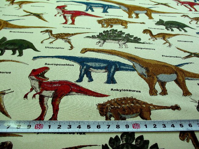 プリント生地 布 恐竜図鑑（ グリーン系 ) ツイル （ オックスより厚手の生地です ）（ 綿100％ ）生地幅−約108cm （ 恐竜生地 恐竜 生地 きょうりゅう サウルス トリケラトプス ティラノザウルス 動物 生き物 カッコイイ 青緑 )