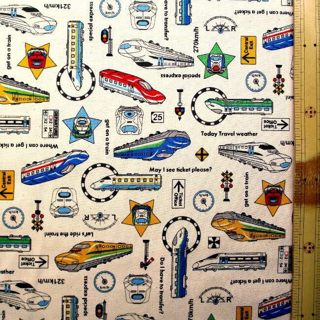 プリント生地 電車がいっぱい （ 生成系 ) 柄番号3 オックス（ 綿100％ ）生地幅－約110cm （ 電車がいっぱい生地 電車がいっぱい 生地 でんしゃ 新幹線 しんかんせん 線路 乗り物 のりもの かわいい おしゃれ 男の子 女の子 子供 )