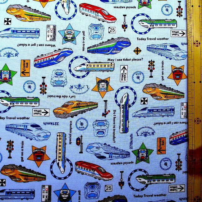 プリント生地 電車がいっぱい （ ブルー系 ) 柄番号3 オックス（ 綿100％ ）生地幅－約110cm （ 電車がいっぱい生地 電車がいっぱい 生地 でんしゃ 新幹線 しんかんせん 線路 乗り物 のりもの かわいい おしゃれ 男の子 女の子 子供 )