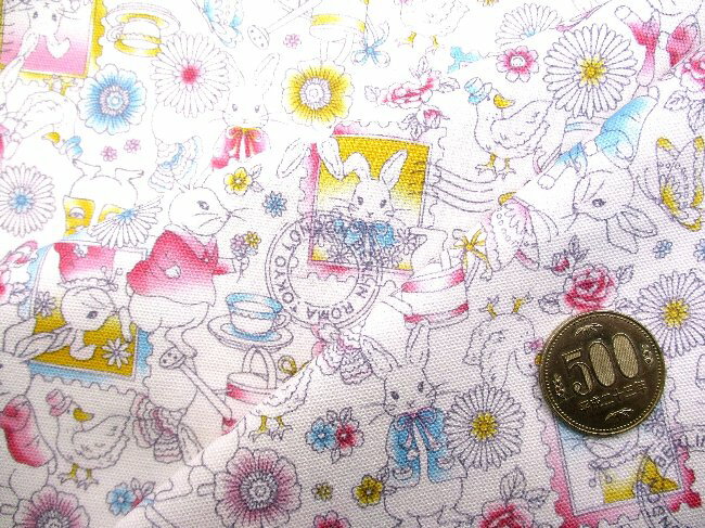 プリント生地 メルヘン うさぎ（ オフホワイト系 ) オックス（綿100％）生地幅－約108cm （ ウサギ ラビット 動物 アニマル 花 フラワー 切手 蝶 蝶々 かわいい おしゃれ 男の子 女の子 子供 入園 入学 )