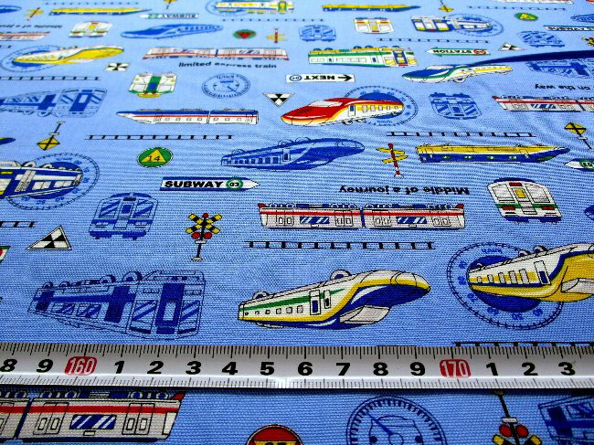 プリント生地 電車がいっぱい （ ブルー系 ) 柄番号2 オックス（ 綿100％ ）生地幅－約108cm （ でんしゃ 新幹線 しんかんせん 線路 乗り物 のりもの かわいい おしゃれ 男の子 女の子 子供 入園 入学 )