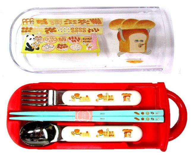 キャラクター スプーン フォーク お箸 （ 三点セット スライド式 トリオ ) ケース付き パンどろぼう (赤系） （ 本体 約76×198×17mm ）（ 柴田ケイコ 絵本 ぱんどろぼう ランチグッズ お弁当 カトラリー 給食 ) 【メール便 OK】のサムネイル