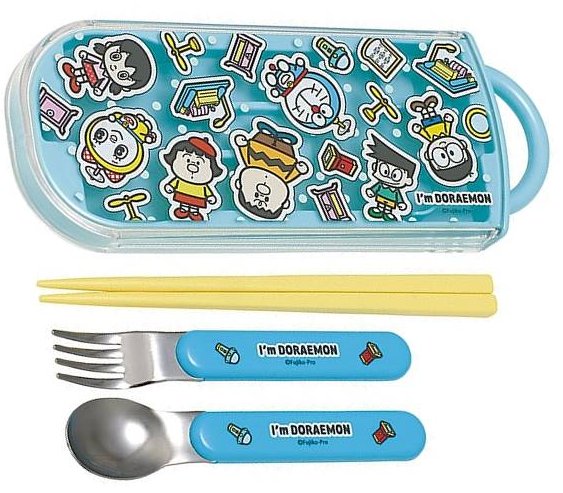 Chopsticks and Case - キャラクター スプーン フォーク お箸 （ 三点セット スライド式 トリオ ) ケース付き ドラえもん （ I'm Doraemon ポップ ブルー系 ）（ 本体 約76×198×17mm ）（ ドラえもん お箸 ドラえもん スプーン ドラえもん カトラリーセット ) 【メール便OK】