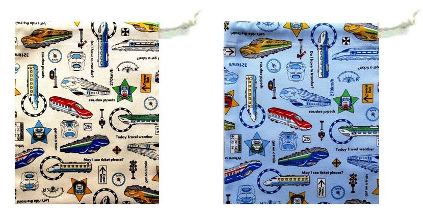 コップ袋（巾着袋・小）（ 手作り ) 電車がいっぱい 柄番号3 （ コップ入れ 給食袋 巾着袋 きんちゃく..