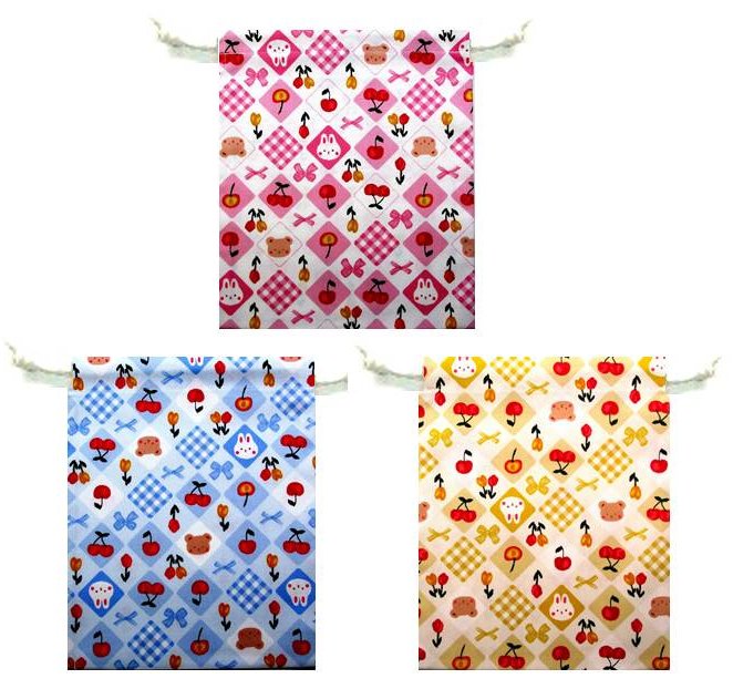 楽天手芸のピロル　生地と雑貨と手芸給食袋 （ 巾着袋・中 ）（ 手作り ） うさぎとフルーツ （ 給食袋 お弁当袋 中 お薬手帳 ケース コップ袋 通園 通学 ウサギ クマ くま 動物 くだもの サクランボ さくらんぼ りぼん リボン キュート かわいい おしゃれ ） 【メール便OK】