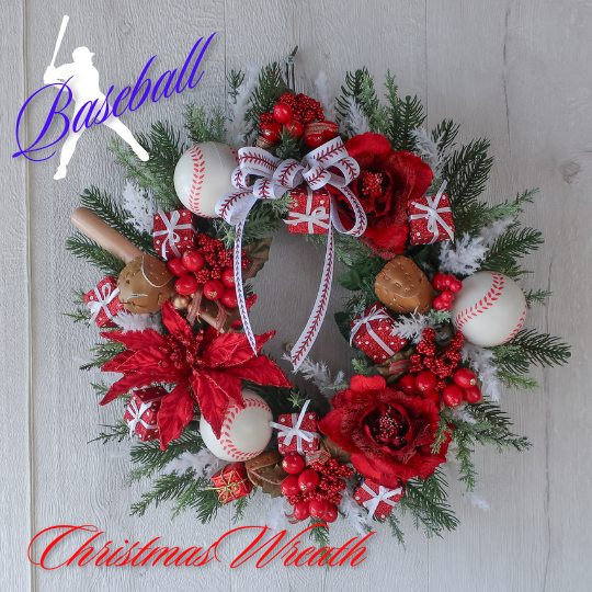 野球ボール付きクリスマスリース (野球ボール バット グローブ付き)野球 ソフトボール ポインセチア クリスマスリース クリスマス クリスマス装飾 玄関 リース...
