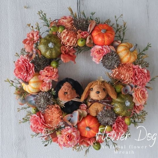 かわいい ダックスフンド の ハロウィンリース ハロウィーンリース パンプキンリース オータムリース かぼちゃ パンプキン玄関 壁飾り 壁面装飾 ハロウィーン ...