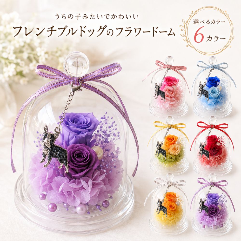 うちの子みたいでかわいい♪ フレンチブルドッグのフラワードーム French Bulldog × Preserved Flower かわいいフレンチブルドッグのチャームと プリザーブドフラワーを組み合わせた 上品なフラワードームです。 フレブル好きな方への誕生日プレゼントや 記念日、お祝いなどの贈り物におすすめ。 ガラスドームの中にお花をアレンジしているので、 届いたらそのまま飾ってお楽しみいただけます。 選べるフラワーカラー 6カラー 贈る方のお好みやイメージに合わせて、 6種類のお花のカラーからお選びいただけます。 ピンク系 ブルー系 イエロー・グリーン系 レッド系 オレンジ・イエロー系 パープル系 やさしい色合いから華やかなカラーまで、 贈る方にぴったりのお色をお選びください。 かわいいフレンチブルドッグチャーム お花の前には、小さなフレンチブルドッグモチーフの かわいいチャームをあしらいました。 フレンチブルドッグやフレブルが好きな方に喜んでいただける、 特別感のあるフラワーギフトです。 プリザーブドフラワーとは 生花に特殊な加工を施し、 美しい色合いや風合いを 長く楽しめるようにしたお花です。 水やりの必要がなく、お手入れも簡単。 お部屋や玄関、デスクなどに飾って 長くお楽しみいただけます。 こんな贈り物におすすめ 誕生日プレゼント 記念日の贈り物 お祝い 母の日 敬老の日 退職・送別 フレブル好きな方へ 犬好きな方へ ペット好きな方へ ご自宅用 商品詳細 商品名 フレンチブルドッグのフラワードーム サイズ 約 幅8.5cm × 高さ13cm 花器 ガラス素材 花材 プリザーブドフラワー等 カラー 選べる6カラー モチーフ フレンチブルドッグチャーム 商品について プリザーブドフラワーは天然のお花を使用しているため、 大きさ・形・色合いなどに個体差がございます。 また、アレンジの配置などが多少異なる場合がございます。 商品の特性として、あらかじめご了承ください。 フレブルとお花を一緒に楽しめる 特別なフラワーギフト 大切な方へのプレゼントはもちろん、 ご自宅を彩るインテリアとしてもおすすめです。