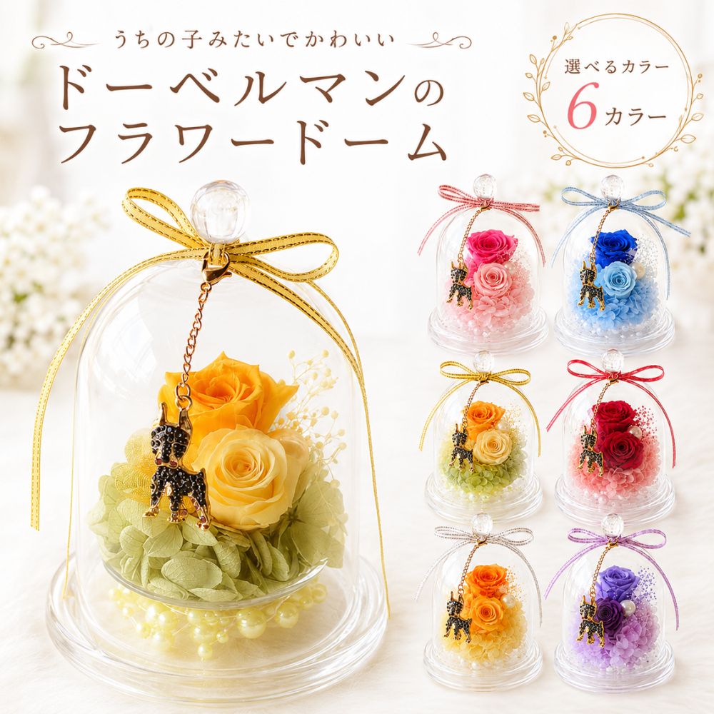 うちの子みたいでかわいい♪ ドーベルマンのフラワードーム Doberman × Preserved Flower 凛々しいドーベルマンのチャームと プリザーブドフラワーを組み合わせた 上品なフラワードームです。 ドーベルマン好きな方への誕生日プレゼントや 記念日、お祝いなどの贈り物におすすめ。 ガラスドームの中にお花をアレンジしているので、 届いたらそのまま飾ってお楽しみいただけます。 選べるフラワーカラー 6カラー 贈る方のお好みやイメージに合わせて、 6種類のお花のカラーからお選びいただけます。 ピンク系 ブルー系 イエロー・グリーン系 レッド系 オレンジ・イエロー系 パープル系 やさしいカラーから華やかなカラーまで、 贈る方にぴったりのお色をお選びください。 ドーベルマンチャームがポイント お花の前には、小さなドーベルマンモチーフの チャームをあしらいました。 凛々しいドーベルマンと華やかなお花を一緒に楽しめる、 犬好きな方におすすめの特別なフラワーギフトです。 プリザーブドフラワーとは 生花に特殊な加工を施し、 美しい色合いや風合いを 長く楽しめるようにしたお花です。 水やりの必要がなく、お手入れも簡単。 お部屋や玄関、デスクなどに飾って 長くお楽しみいただけます。 こんな贈り物におすすめ 誕生日プレゼント 記念日の贈り物 お祝い 母の日 敬老の日 退職・送別 ドーベルマン好きな方へ 犬好きな方へ ペット好きな方へ ご自宅用 商品詳細 商品名 ドーベルマンのフラワードーム サイズ 約 幅8.5cm × 高さ13cm 花器 ガラス素材 花材 プリザーブドフラワー等 カラー 選べる6カラー モチーフ ドーベルマンチャーム 商品について プリザーブドフラワーは天然のお花を使用しているため、 大きさ・形・色合いなどに個体差がございます。 また、アレンジの配置などが多少異なる場合がございます。 商品の特性として、あらかじめご了承ください。 ドーベルマンとお花を一緒に楽しめる 特別なフラワーギフト 大切な方へのプレゼントはもちろん、 ご自宅を彩るインテリアとしてもおすすめです。