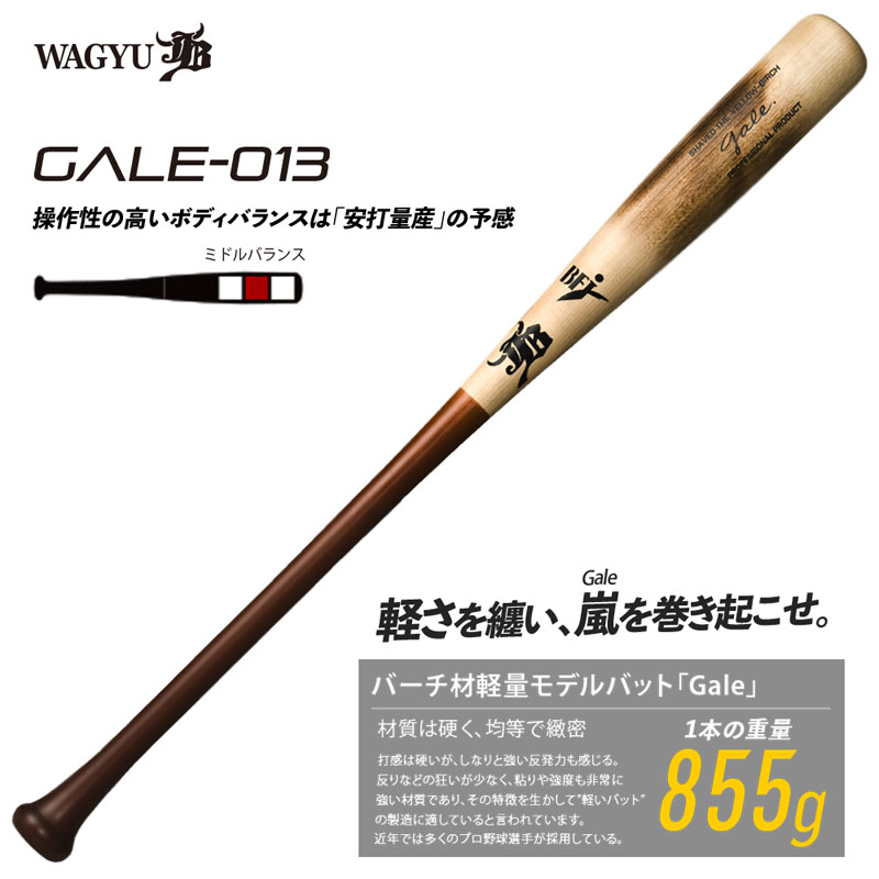 和牛JB バーチ材硬式木製バット (Gale) 注目のバット材「バーチ」を使用した硬式木製バットです。 バーチ材は軽量設定においてのバット製作に向いており、 強いしなりと弾きを兼ね備えております。 855gと軽くて振り抜きやすい点が特徴ですが、 速球にも撃ち負けない強さがあります。 硬式/軟式兼用 ■サイズ/84cm/855g平均 ■材質/バーチ材 ■013グリップ　　 ■ブラウン×ナチュラル ■ミドルバランス ■BFJマーク付き ※中学硬式、高校、大学社会人野球の公式戦に使用可能です。 こちらもいかがですか！ こちらもいかがですか！ トップバランスはこちらです。