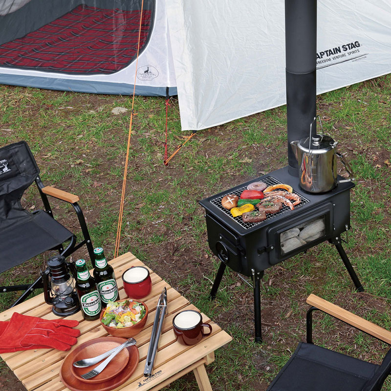 CAPTAIN STAG(キャプテンスタッグ)KAMADO（かまど）煙突 ガラス窓付 角型ストーブ...