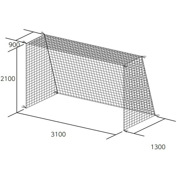 フットサル・ハンドゴールネット・四角目（2張1組） 素材：ポリエチレン有結節、440T/60本 サイズ：フットサル＆ハンド寸法/H2100×W3100×D上900×D下1300（mm） 重量：2．7kg/組 仕様：ネットカラー/白、網目/10cm角 原産国：台湾
