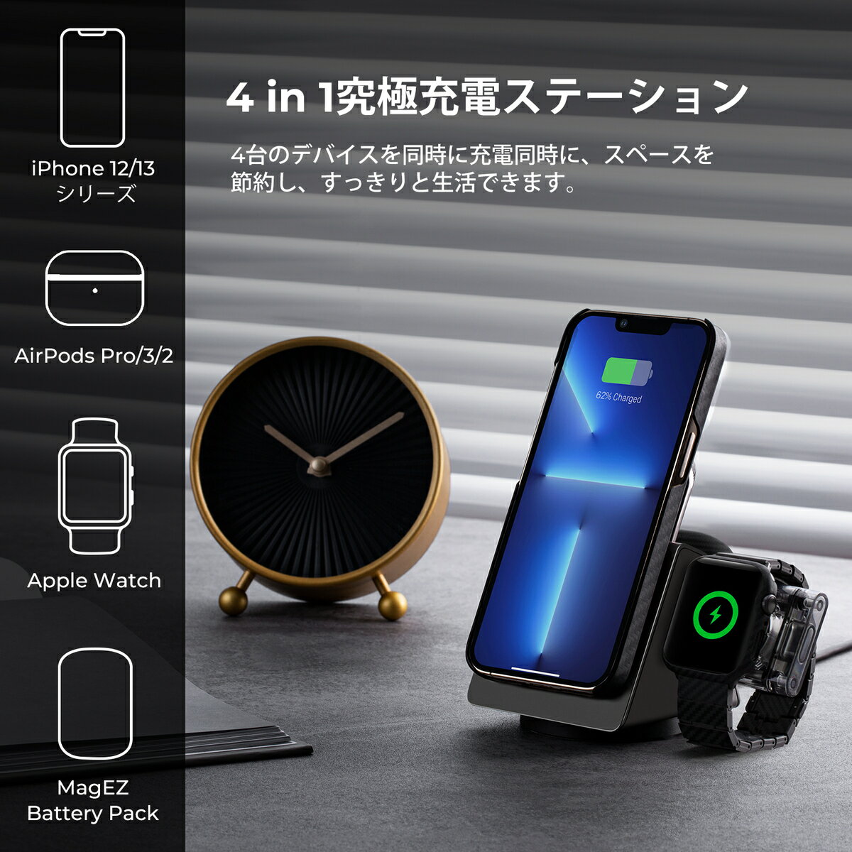 4in1 ワイヤレス充電器 MagSafe対応 PITAKA MagEZ Slider+Power Dongle 送付無料 iPhone13Pro対応 Galaxy S22 Ultra Apple Watch Airpods Pro充電 iPhone 12 磁気充電 MagSafeモバイルバッテリー 卓上スタンドマグネット内蔵 アラミド繊維 カーボン風 マグセーフ充電器