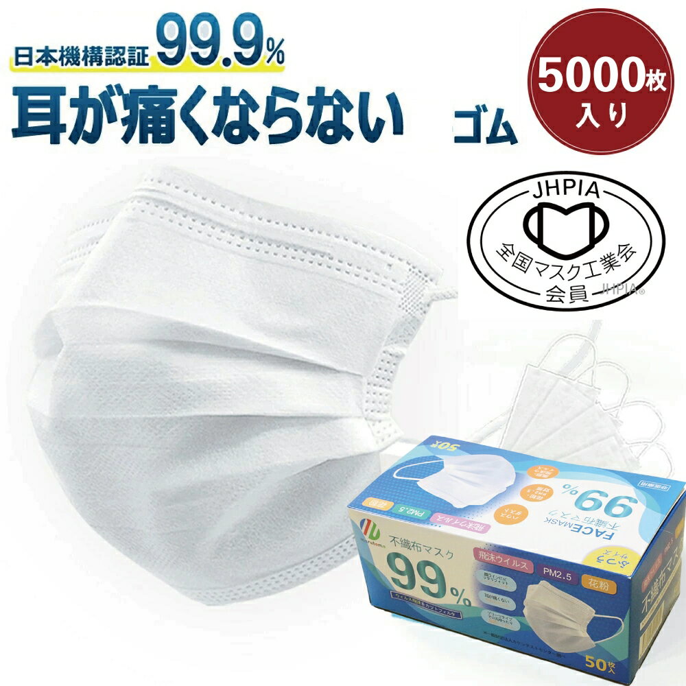 【送料無料】マスク 不織布マスク プリーツ 5000枚いり 3層構造 全国マスク工業会認定 使い捨て 耳が痛くなりにくい 白 プリーツマスク 普通サイズ 不織布マスク 50枚 花粉症 ウイルス 感染対策 耳が痛くない 飛沫 防塵 飛沫感染対策 業務用 法人向け
