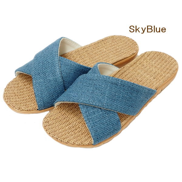 [即出荷] [SkyBlue] サンダル スリッパ レディース クロスベルトジュートサンダル 夏用 前開き 軽量 軽い おしゃれ ルームシューズ フラットサンダル 玄関 つっかけ オフィス ぺたんこ ローヒール 女性用 フラット 室内履き 母の日 麻【定形外郵便送料無料】