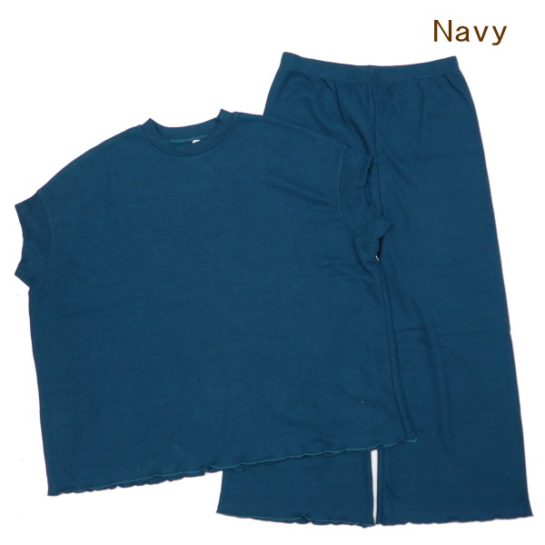 楽天pitch[あす楽] [Navy] パジャマ レディース 半袖 ワッフル半袖被りパジャマ 91-2013 春 夏 ドルマンスリーブ ルームウェア ルームウエア 上下セット 可愛い 部屋着 リラックス ナイトウエア セットアップ 上下セットアップ 【送料無料】