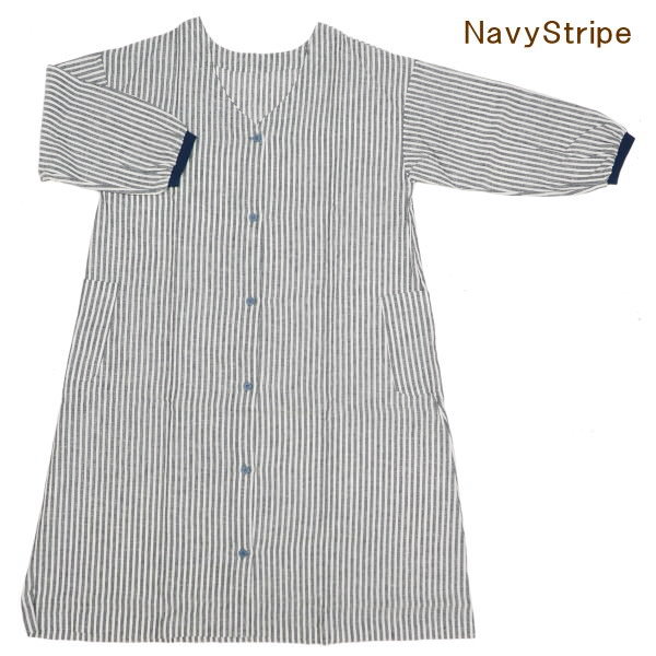 [即出荷] [NavyStripe] エプロン 割烹着 袖付き スモック 2way割烹着ロングエプロン 58-8029 コットンリネン おしゃれ かわいい カフェ 綿麻 ワンピース シンプル 前後着用 羽織り カーディガン ストライプ ナチュラル ゆったり 【ネコポス便送料無料】