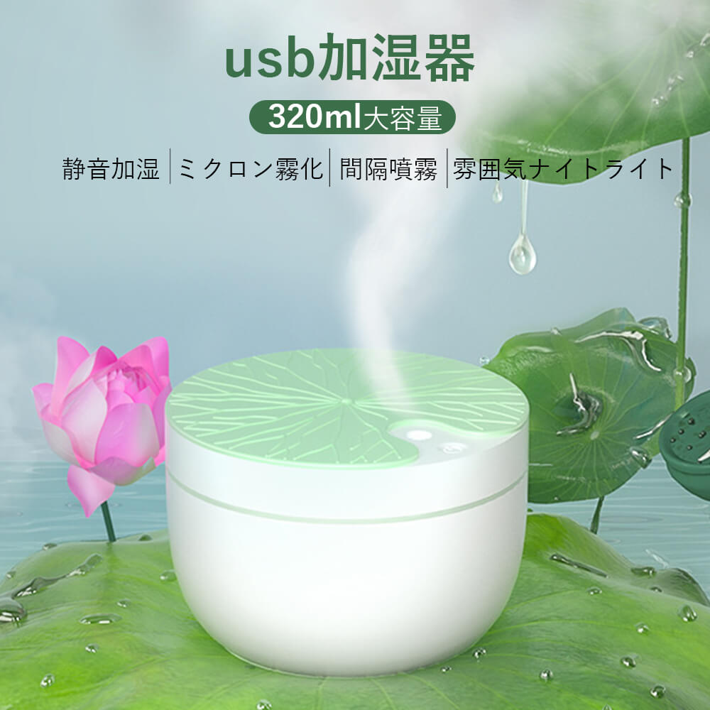 お買い物マラソン【P5倍】加湿器 USB加湿器 卓上加湿器 usb充電式加湿器 USB静音加湿器 オフィス卓上静音 家庭用寝室 空気浄化器 オリジナルプレゼント 320ml大容量 静音加湿 ミクロン霧化 間隔噴霧 雰囲気ナイトライト