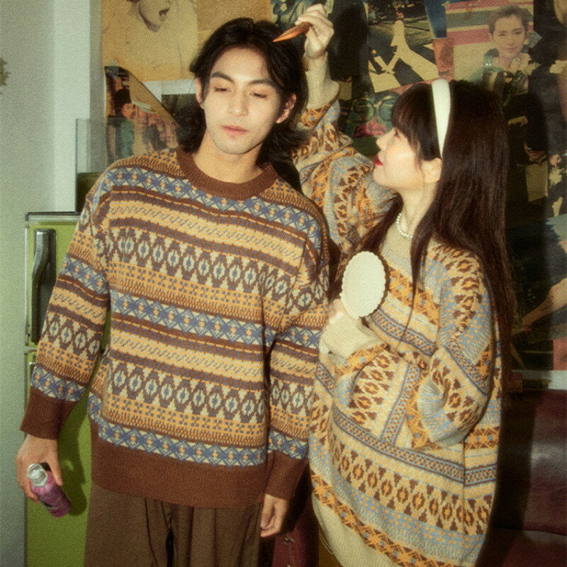 セーター 春秋 トップス セーター ランドネック 柄 長袖 ニットセーター 総柄 秋冬 メンズ カップルルック 春 冬 贈り物 カジュアル キュート 大人 可愛い 大人女子 おしゃれ プレゼント レディース