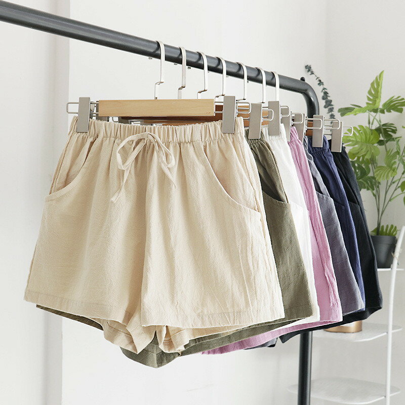 Linen, Hemp - リネンパンツ 短パン 夏物 綿 ボトムス 送料無料 ショートパンツ ウエストゴム＆紐 ワイドパンツ 3分丈 カジュアルパンツ 麻 ポケット付き ショート丈 無地 薄手 爽やか 美脚 お洒落 楽チン ルームウェア 部屋着 レディース