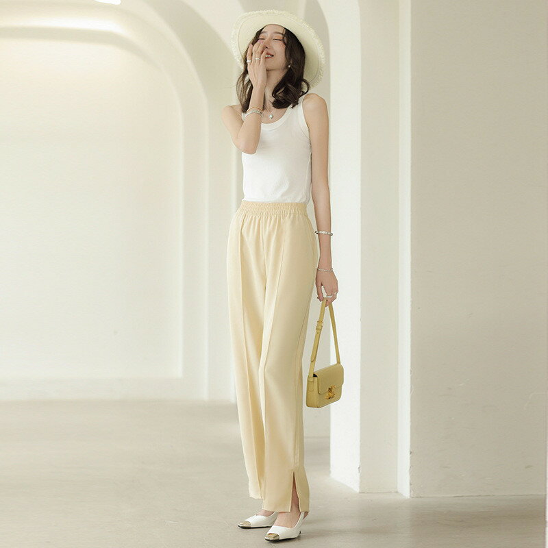 Cropped Pants - ハイウエスト ボトムス パンツ きれいめ 定番 送料無料 ストレート レディース ロングパンツ ストレートパンツ ズボン ワイドパンツ スラックス スリット入り 大人かわいい おしゃれ 美脚 大きいサイズ