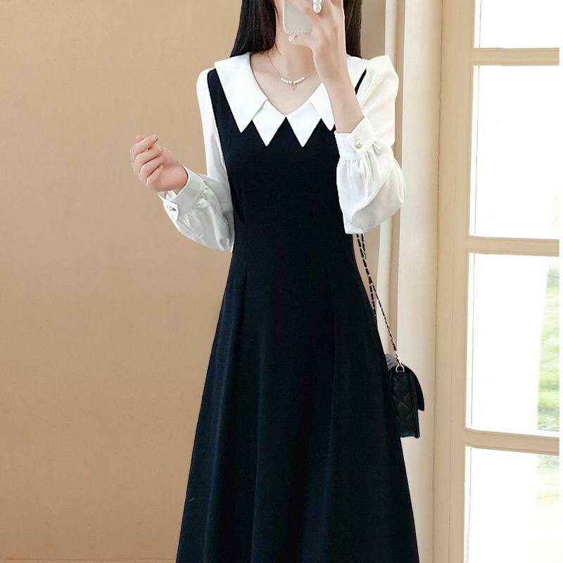 長袖 ワンピース ロング丈 春秋 大きいサイズ レディース 膝下 襟付 フェイクレイヤード 重ね着 デコルテ 着痩せ 体型カバー きれいめ キレイめ 上品 エレガント 清楚 女子会 定番 人気 流行