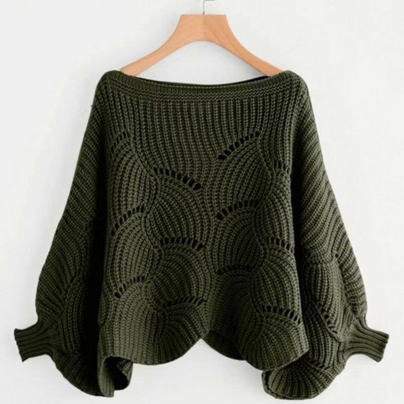 Boat Neck - ストール ニットトップス ボートネック セーター ドルマンスリーブ 春 透かし編み 長袖 秋 ボートネック ゆったり シンプル きれいめ オフィス 冬 二の腕カバー レイヤード風 体型カバー レディース