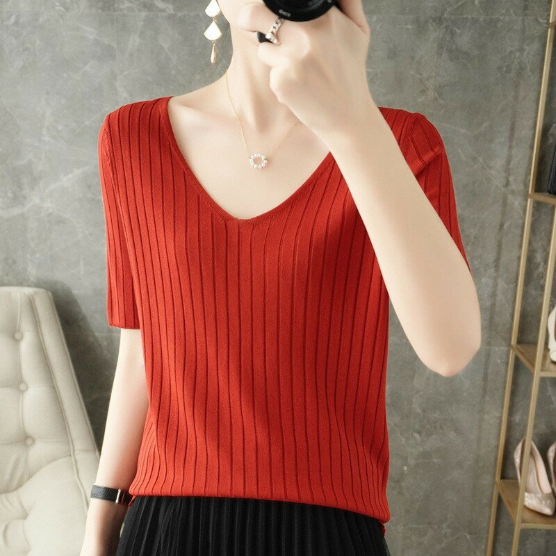 トップス リブニット Vネック サマーニット 送料無料 ニットアップ 半袖 洗えるニット ウォッシャブルニット ニット ストレッチ レディース