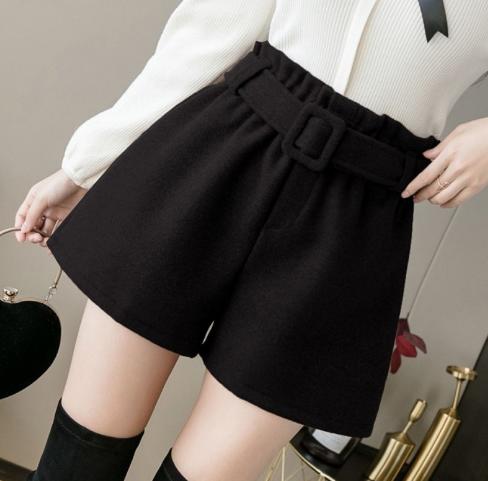 Wool - 秋冬 ウェストベルト付き レディース カジュアル ウールライク フリル 短パン パンツ ショートパンツ ショーパン ミニ丈 きれいめ ハイウエスト ポケット付き 厚手 暖かい 美脚 大人 Aライン 20代 30代 40代 フェミニン かわいい M L XL