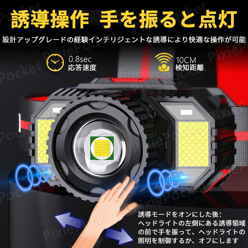 お買い物マラソン【P5倍】ヘッドライト 充電式 LEDヘッドランプ ヘッド ライト センサー機能 高輝度 4モード 明るい ヘッドランプ ledヘッドライト USB充電式 防水 電池残量表示 アウトドア キャンプ 登山 防災 サイクリング ハイキング 小型 軽量 懐中電灯 ライト pixiepocket-10011562 PixiePocket サンプル画像2