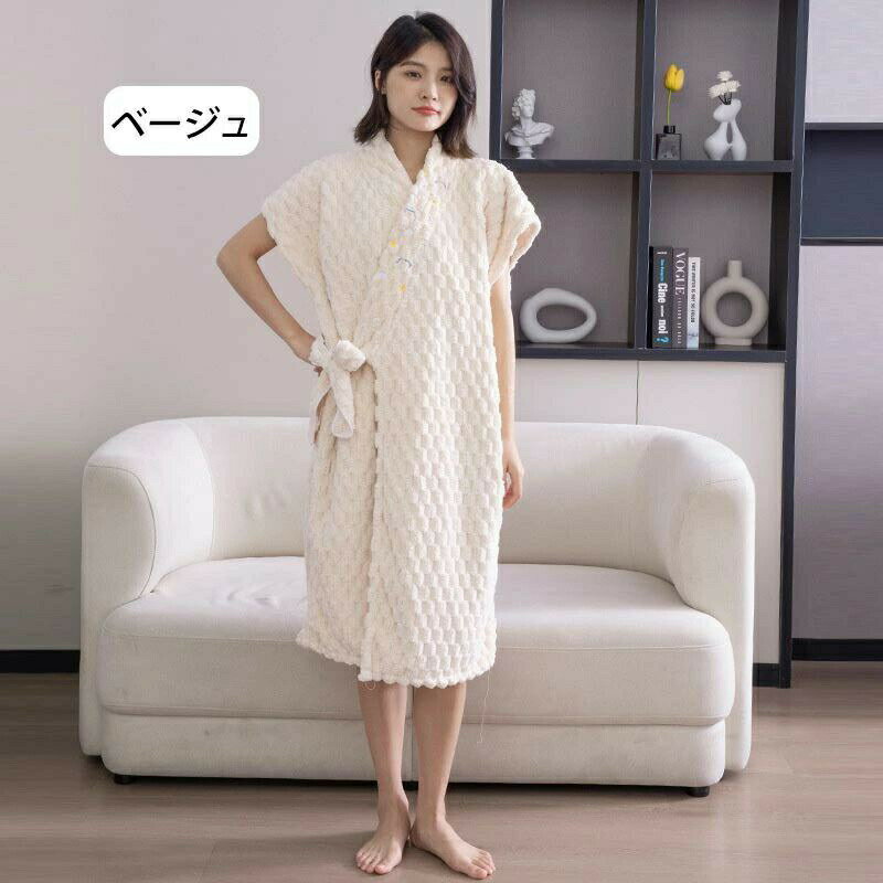 バスラップ ワンピース バスローブ ルームウェア 前開き 半袖 強い吸水性 速乾 超柔らかい パイル レデ..