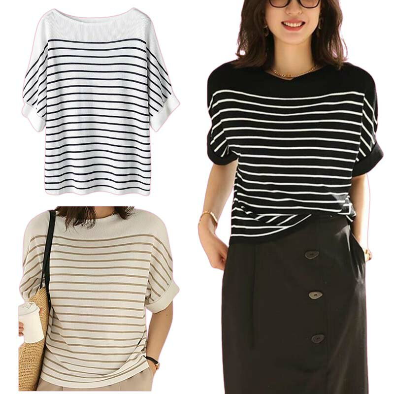 半袖ストライプのアイスニット夏の韓国風ファッションゆったりカジュアル着やせ見えカラークルーネックTシャツ