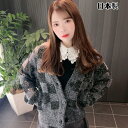 ニット カーディガンレディース 市松模様 冬 可愛い 長袖 可愛い 毛足の長いふわふわ ニットカーディガン トップス 愛おしい 暖かい