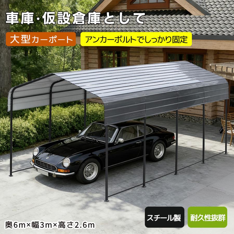 カーポート スチール製 ガレージ 車庫 倉庫 3*6m 車用シェルター 屋根付き 駐車場 日除け 雨除け 自転車 駐輪場 大型 車 駐車 スチール