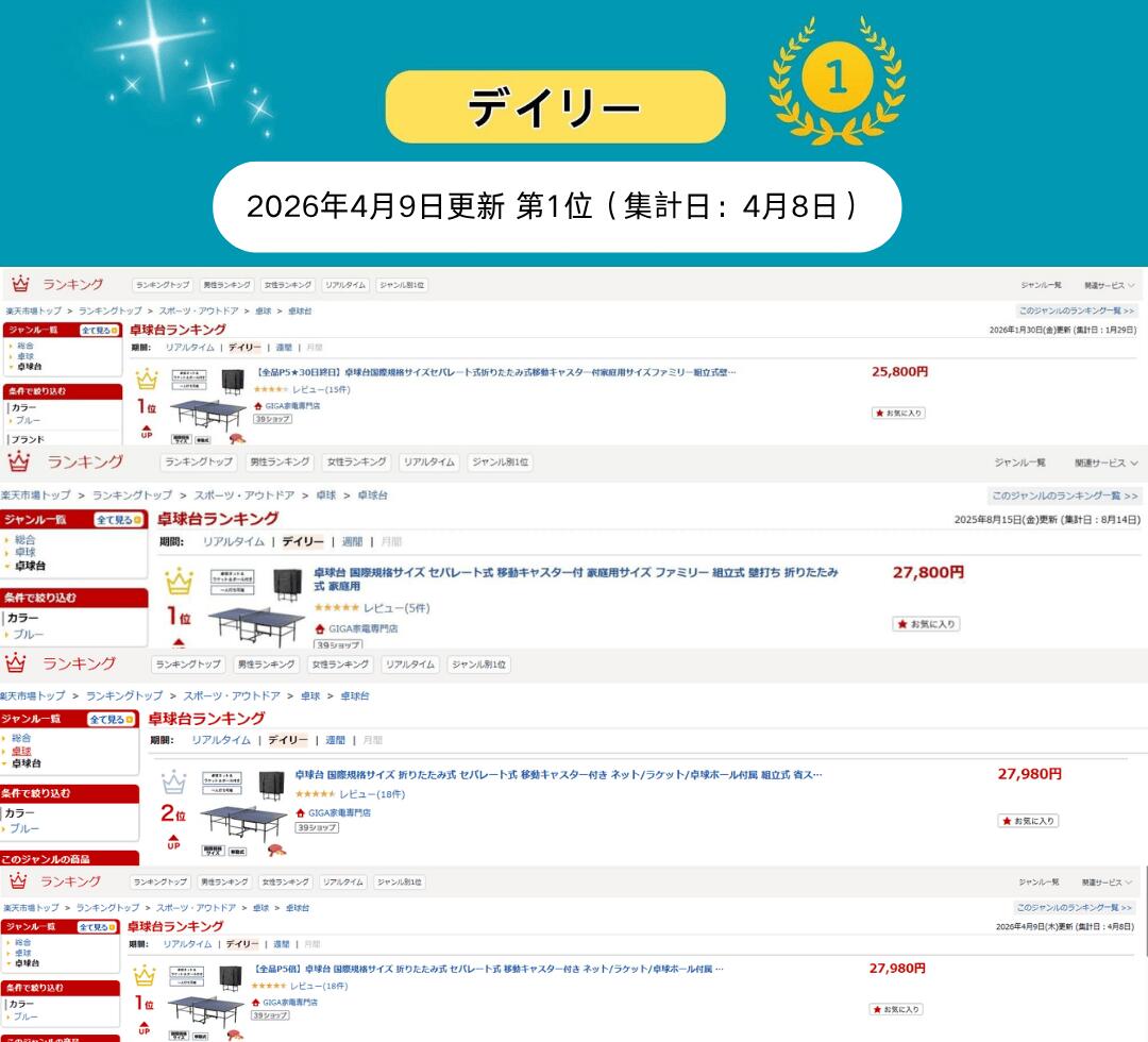 【24日まで★P5倍+5%OFF】卓球台 国際規格サイズ 折りたたみ式 セパレート式 移動キ...