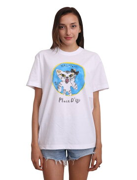 【Place D' UJI】 プラスドウジ 猫柄Tシャツ あかんべー 男女兼用 おしゃれな 大人可愛い ねこちゃん プリント 白Tシャツ