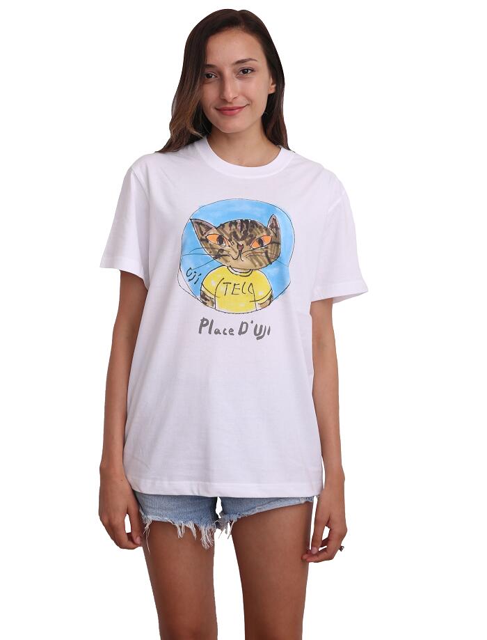 【Place D' UJI】 プラスドウジ 猫柄Tシャツ 【ぼくのつぶやき】その7 男女兼用 おしゃれな 大人可愛い プリント 白シャツ