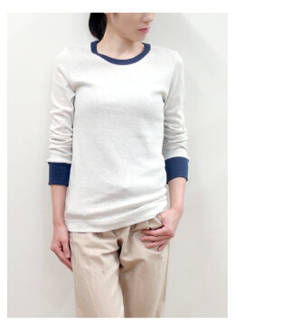 【スーパーセール期間　全品ポイント10倍 MAX44倍】【あす楽】【メール便対応】harmonie -Organic Cotton-（アルモニ オーガニックコットン）フライス　クルーネック　配色ロングスリーブ8670015　オートミール/グレー/ネイビー綿100%　日本製