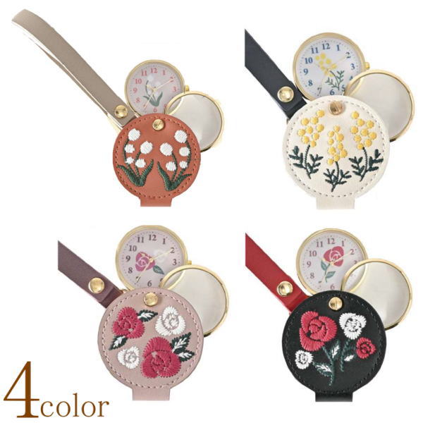 花の刺繍デザイン ルーペ 約1.5倍 バックチャーム付ルーペウォッチ 時計付 拡大鏡 かわいい 合皮 虫めがね 天眼鏡 虫メガネ 鞄に便利なルーペ 母の日 父の日 敬老の日 贈り物