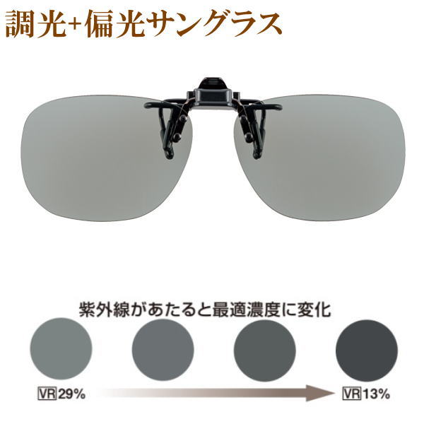 Mサイズ 偏光 調光サングラス クリップオン 跳ね上げ 前掛け メガネにつける レンズの色 濃さ 濃度が変化する 調光レンズ 偏光レンズ 偏光サングラス 偏光度99%以上 おしゃれ 紫外線 UVカット ソフトメガネケース付 釣り フィッシング ドライブ スポーツ スモークのサムネイル