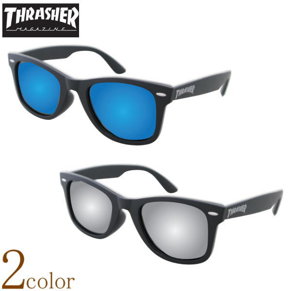 THRASHER スラッシャー ミラーサングラス ミラーレンズ おしゃれ カジュアル ウエリントン型 ボストン型 紫外線 UVカット メガネケース付 男性用 女性用 黒縁メガネ