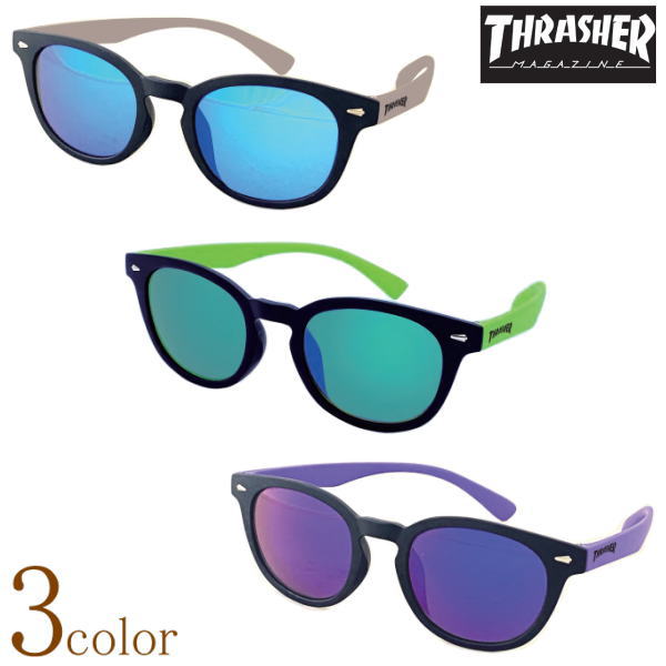 【メール便配送可能】THRASHER スラッシャー 子ども用ミラーサングラス おしゃれ ウエリントン型 ボストン型 キッズ カジュアル 紫外線 UVカット ミラーレンズ メガネケース付 男性用 女性用