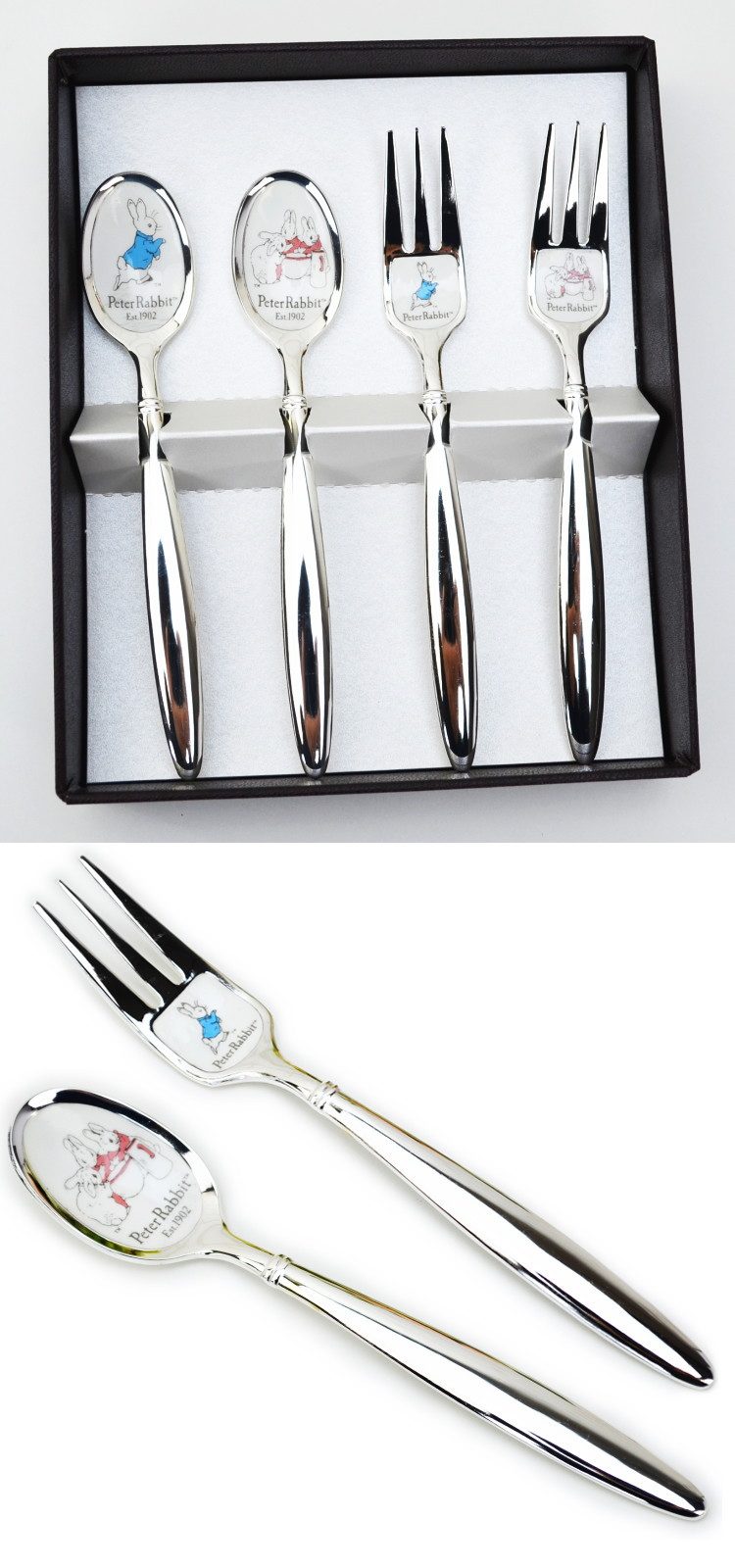 Japón Cápsula Fork 4 sets de acabado de plata Peter Rabbit Conejo en el plato Conejo en el plato Conejo en el plato Conejo de café Conejo de té Conejo de fruta Conejo de caracteres de acero inoxidable Celebración Regalo dulce Tea Negra Regalo de plata Kings — vista 3
