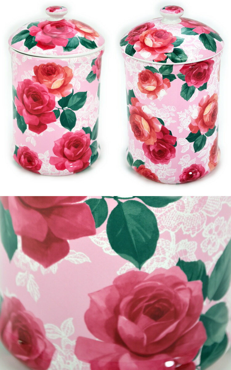 トイレポット 陶器 薔薇とレース ピンクおしゃれ サニタリーポット トイレ コーナ...