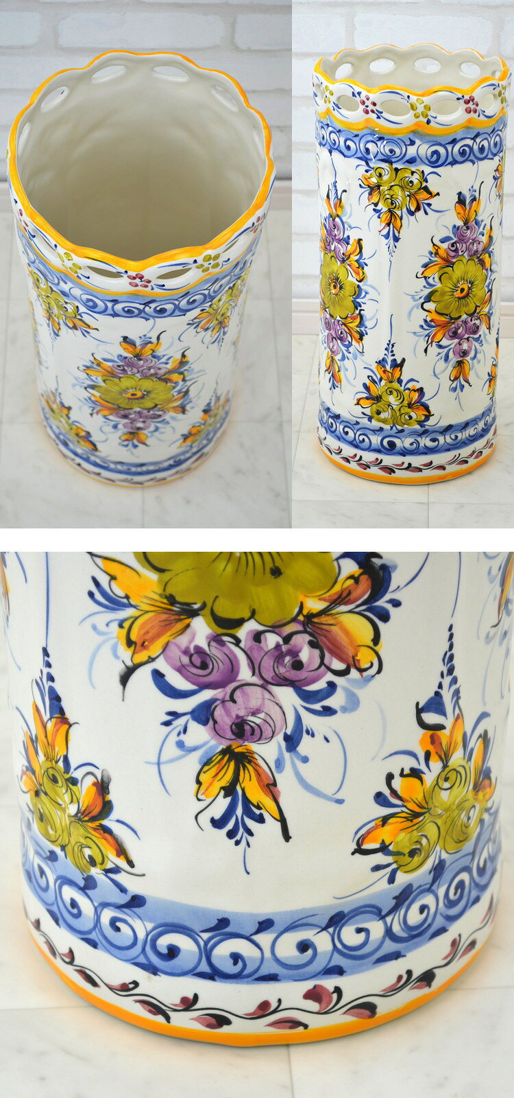 傘立て ポルトガル製 陶器 花柄 ブルー イエロー 筒形 アズレージョ柄アンブレラス...