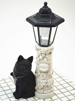 黒猫LEDソーラーライトホワイトローズ(薔薇ガーデン防雨コードレスおしゃれかわいい猫雑貨猫グッズ猫柄薔薇雑貨薔薇柄バラローズインテリア雑貨ガーデニングセンサー)
